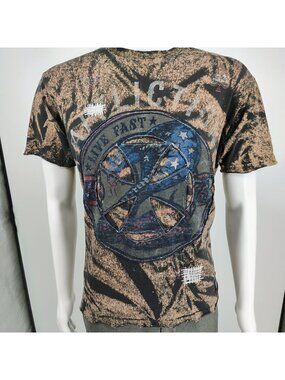 Vintage Y2K Affliction "Live Fast" Logo All Over Print Brown Graphic T-Shirt (L)
